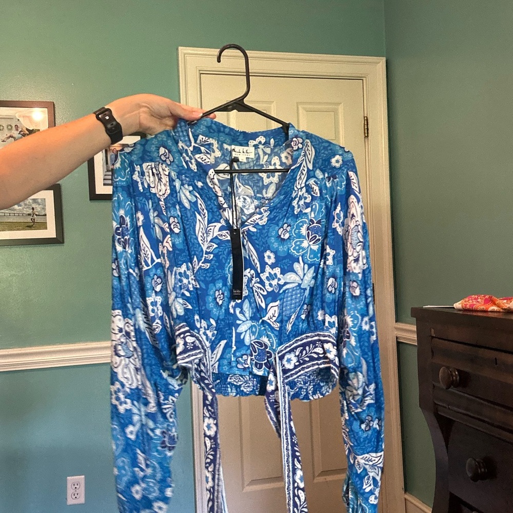 Blue and White Floral Long Sleeve Top